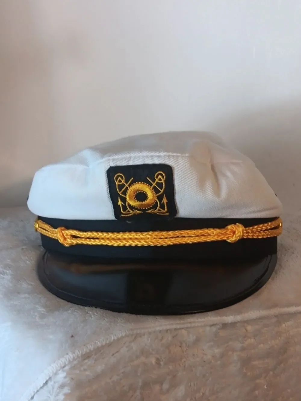 White and Black Nautical Captain Hat with Gold Trim